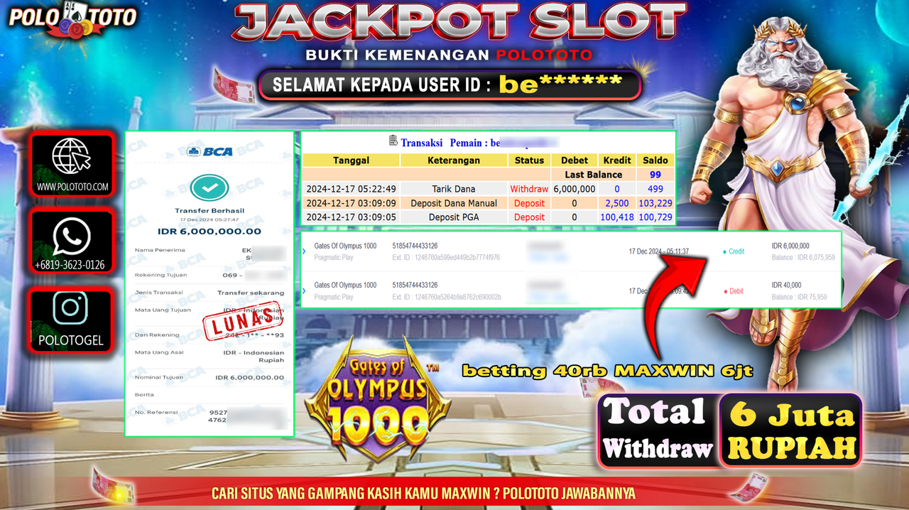 POLOTOTO JACKPOT SLOT GATES OF OLYMPUS 1000 Rp.6,000.000,-