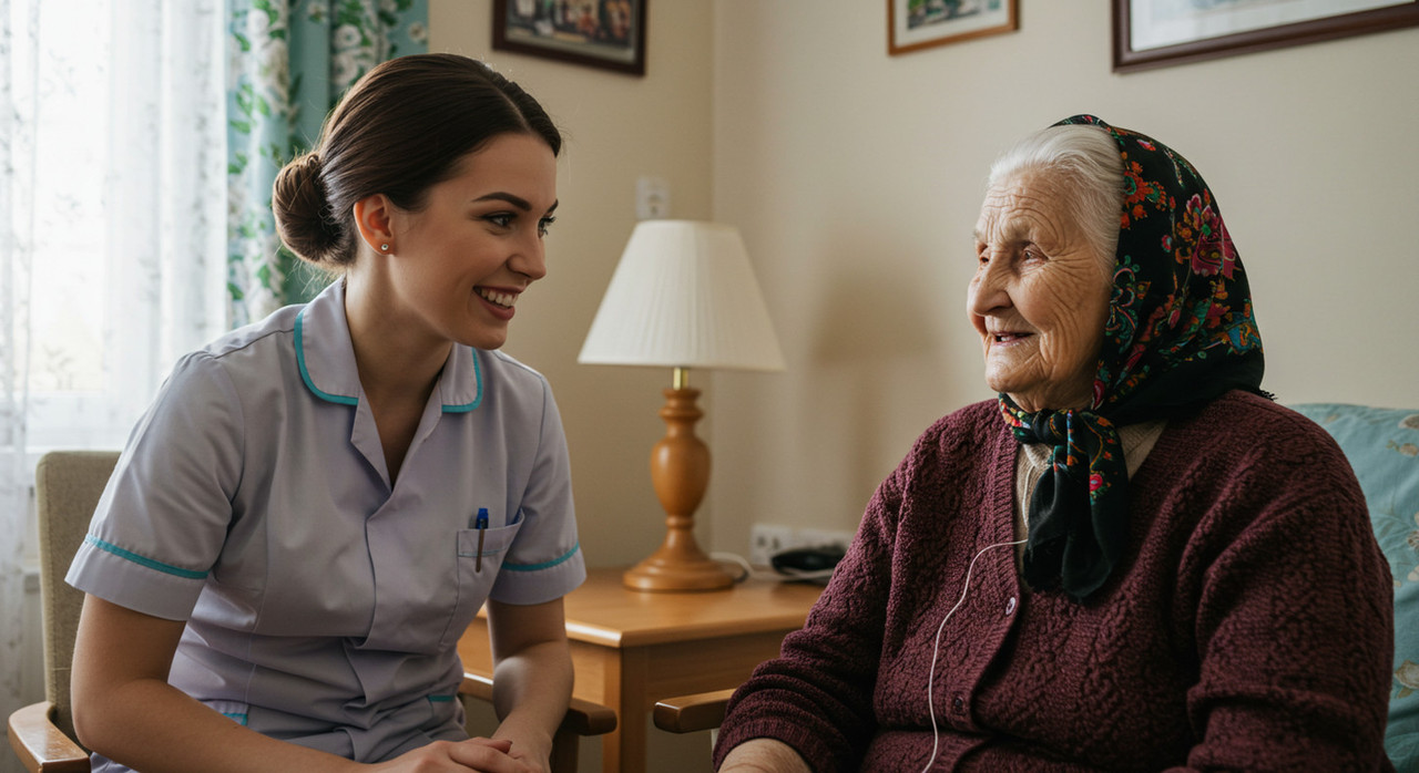 Сотрудница пансионата с улыбкой общается с пожилой постоялицей