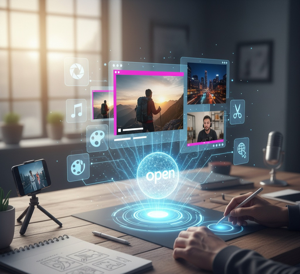 A stylized abstract image showing a video editing timeline on a glowing screen, surrounded by graphic elements and production tools, symbolizing professional video creation.