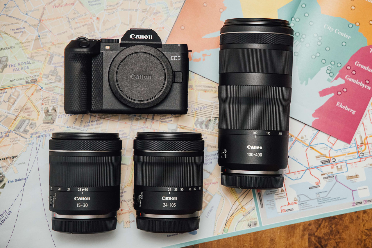 Canon EOS R8 Mark II with a lineup of RF lenses, laid out on a travel map