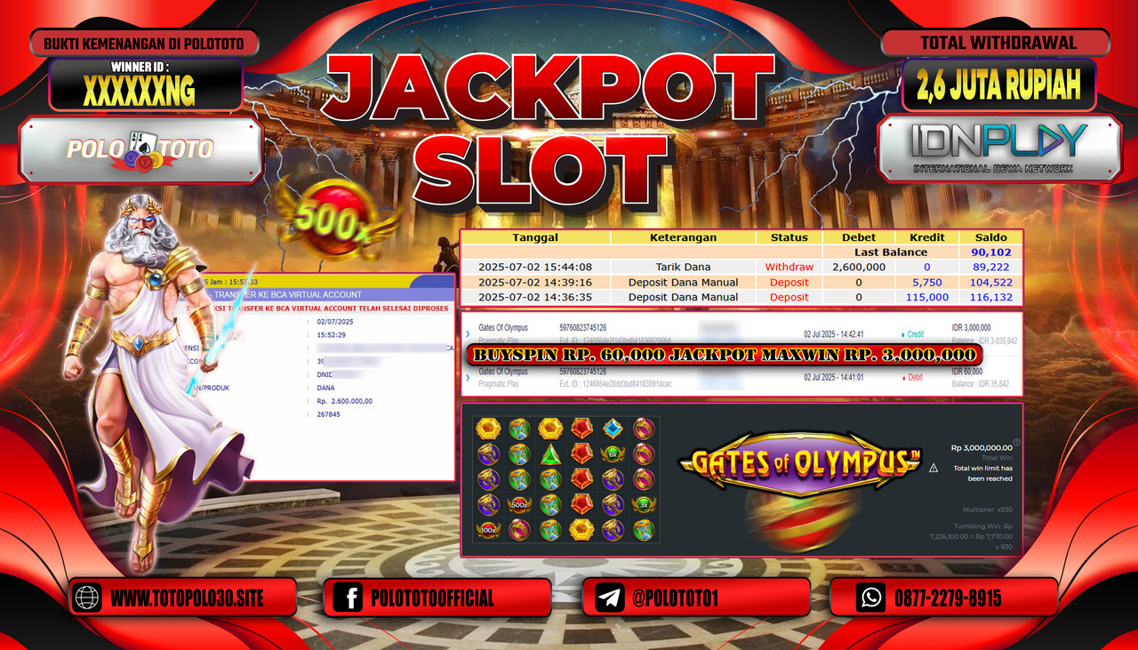 POLOTOTO JACKPOT SLOT GATES OF OLYMPUS Rp.2.600.000,- LUNAS