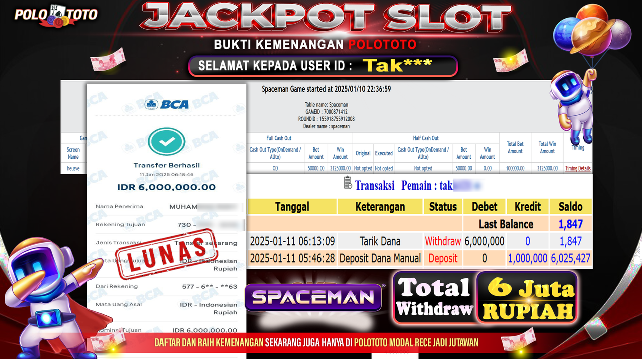 POLOTOTO JACKPOT SLOT SPACEMAN Rp.6,000.000,-