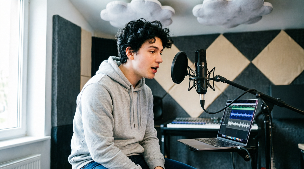 подросток в студии звукозаписи