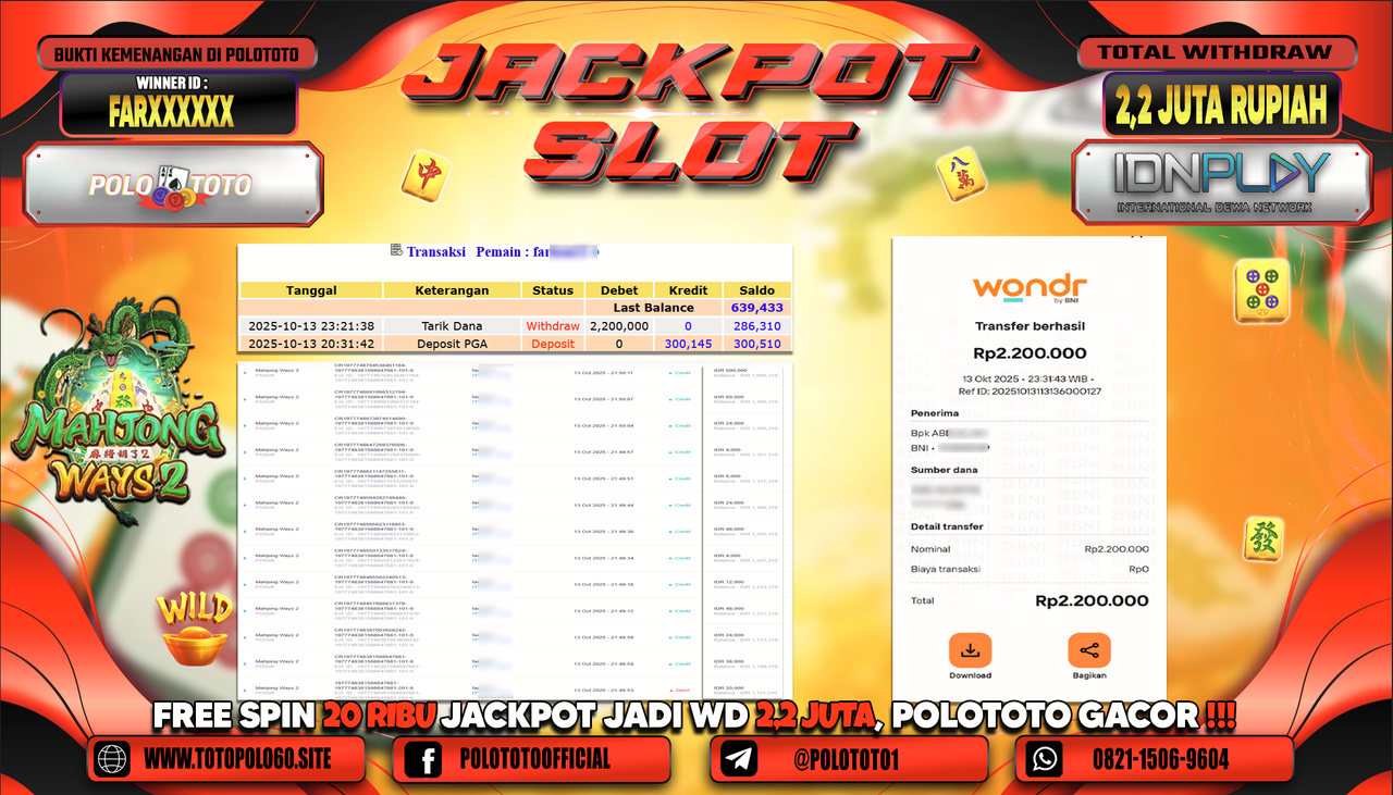 POLOTOTO JACKPOT SLOT MAHJONG WAYS 2 Rp.2.200.000,- LUNAS