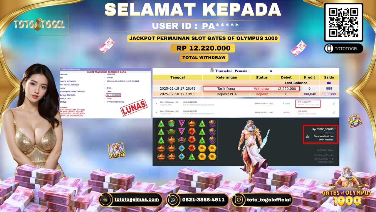 Bukti Pembayaran Jackpot  Permainan Slot Gates Of Olympus 1000  ID:PA**** LUNAS