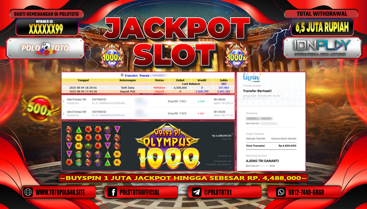 POLOTOTO JACKPOT SLOT GATES OF OLYMPUS 1000 Rp.6.500.000,-LUNAS