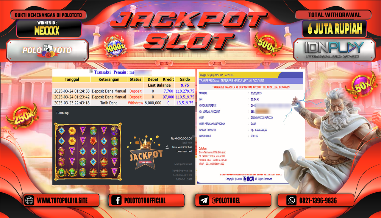 POLOTOTO JACKPOT SLOT GATES OF OLYMPUS 1000 Rp.6.000.000,-