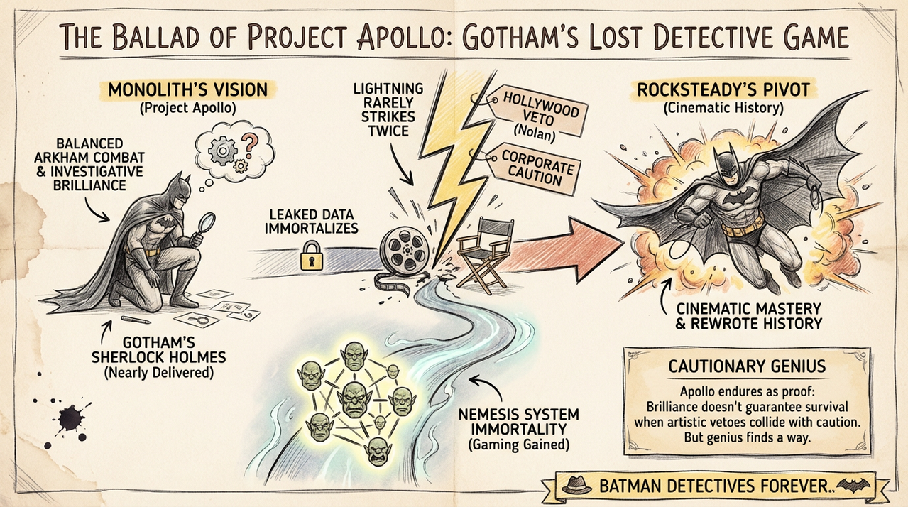 Dark detective analyzing crime scene representing Batman Project Apollo investigation gameplay