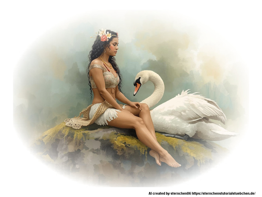 woman sitting on a stone with swan by her side, aquarellpainting (1)