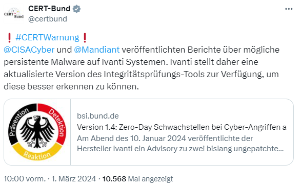 CERT-Warnung vor Ivanti-Schwachstellen