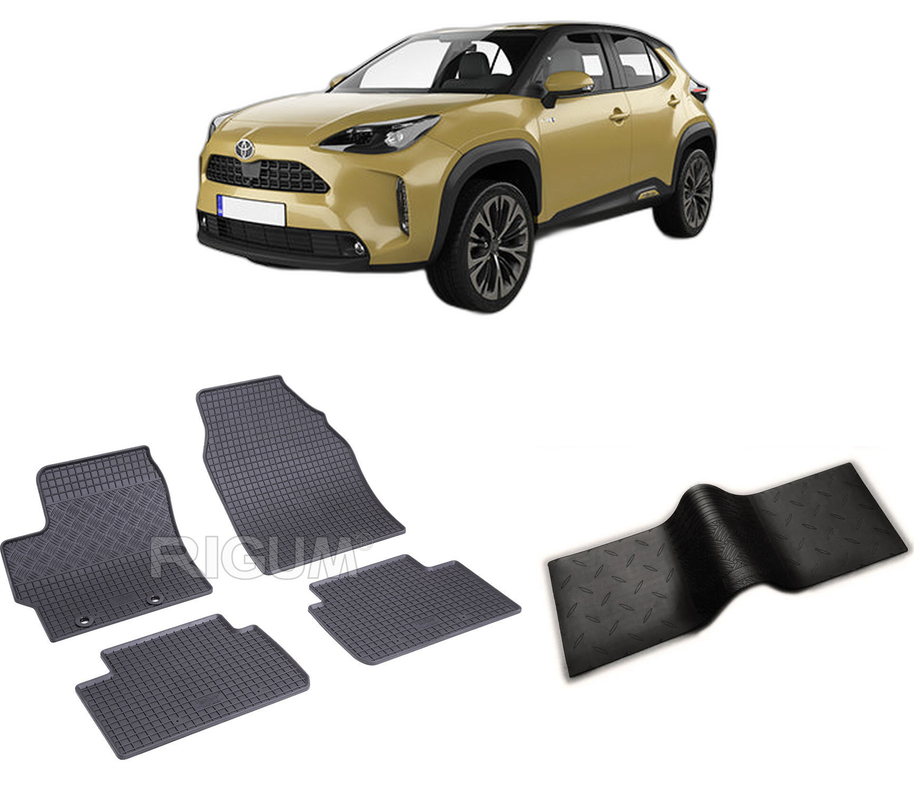Set covorase auto TOYOTA YARIS CROSS HYBRID din 09.2021-PREZENT, cu covoras tunel median, CAROSERIE SUV, Presuri cauciuc 100%, compatibil cu autoturismul TOYOTA YARIS CROSS HYBRID, Rigum