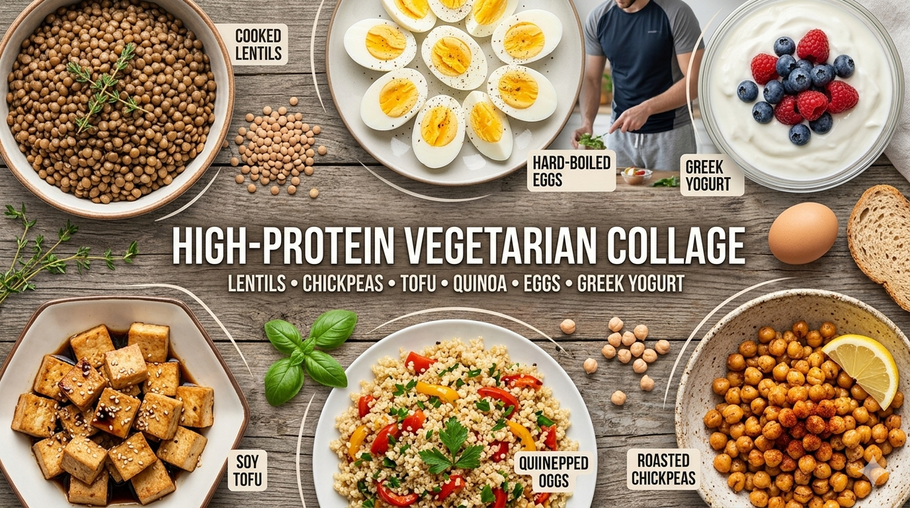 Collage of high-protein vegetarian foods including lentils chickpeas tofu quinoa eggs and Greek yogurt arranged artistically on surface