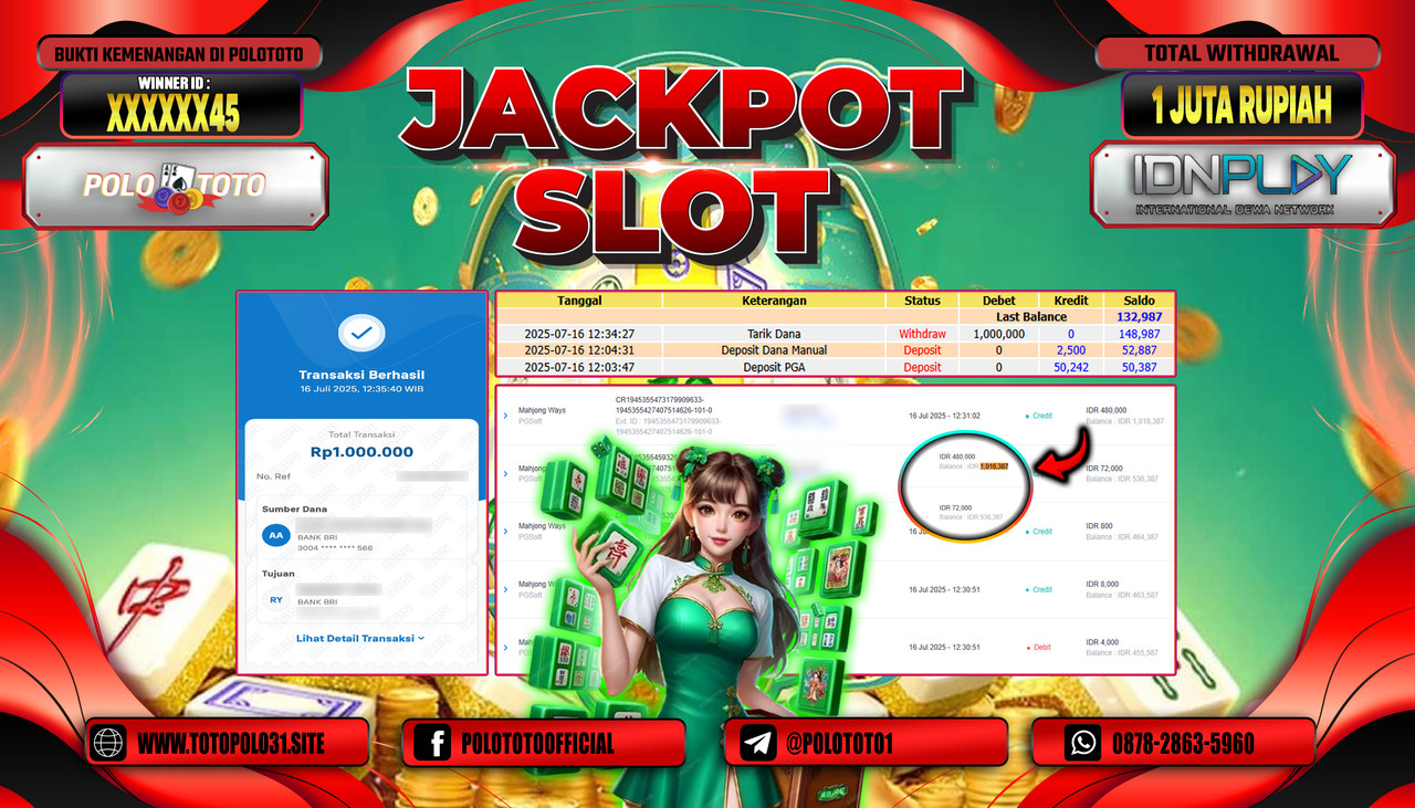 POLOTOTO JACKPOT SLOT MAHJONG WAYS Rp.1.000.000,- LUNAS
