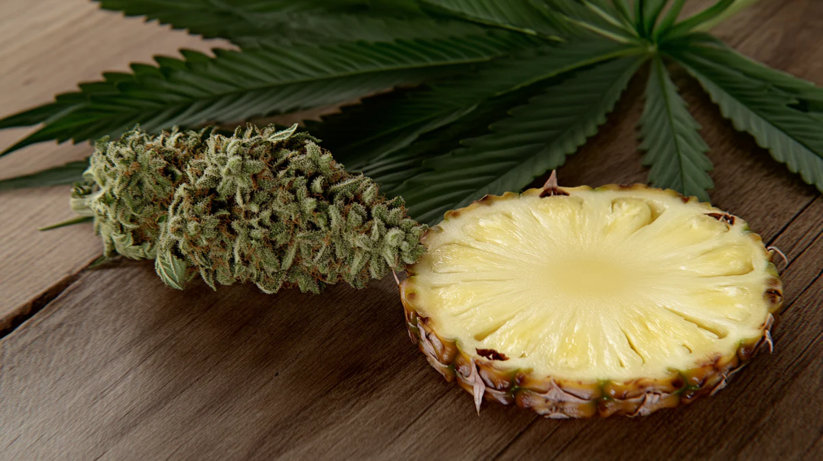 Pineapple Express buds next to fresh pineapple capture the tropical terpene profile available at BayFarmz.