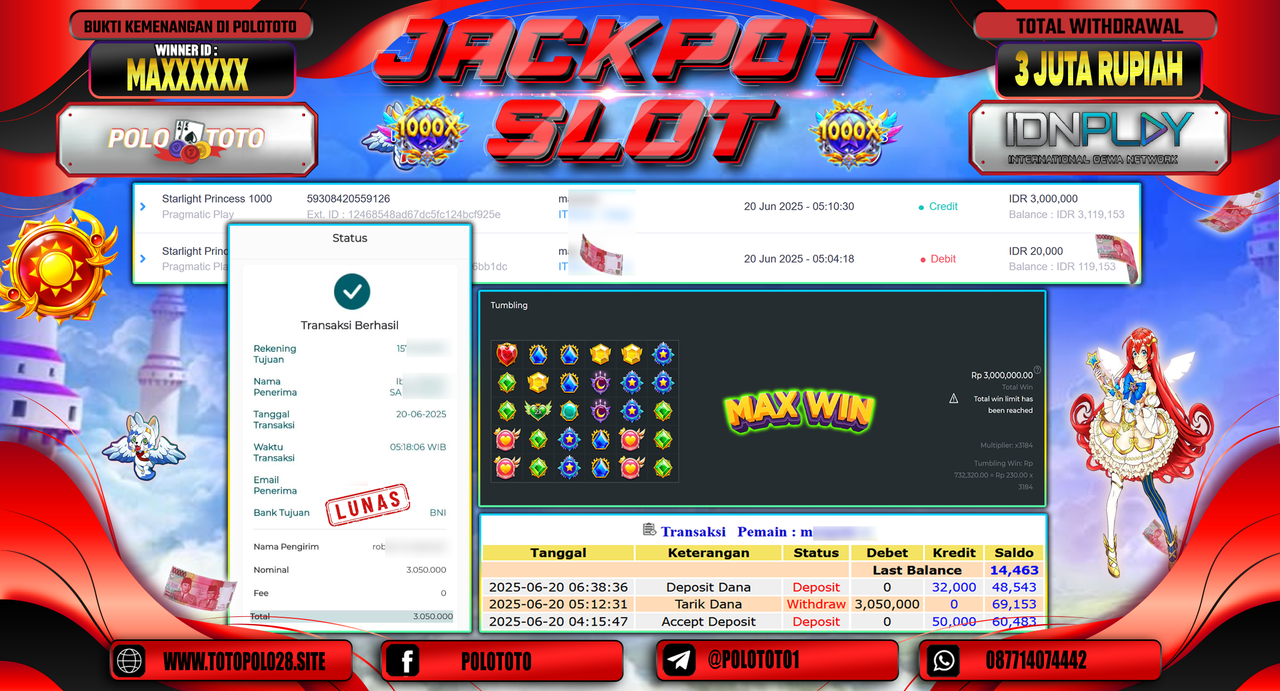 POLOTOTO JACKPOT SLOT STARLIGHT PRINCESS 1000 Rp.3.050.000,-