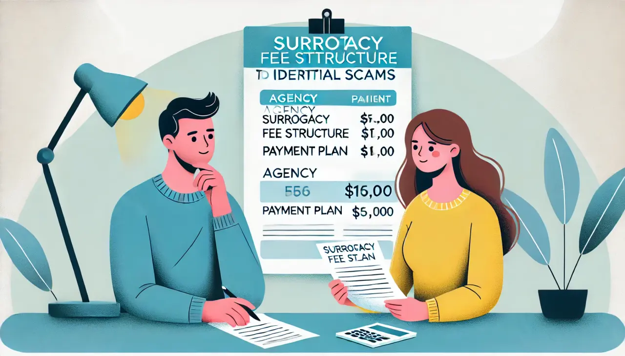 A couple reviewing an agency’s surrogacy fee structure and payment plan to identify potential scams