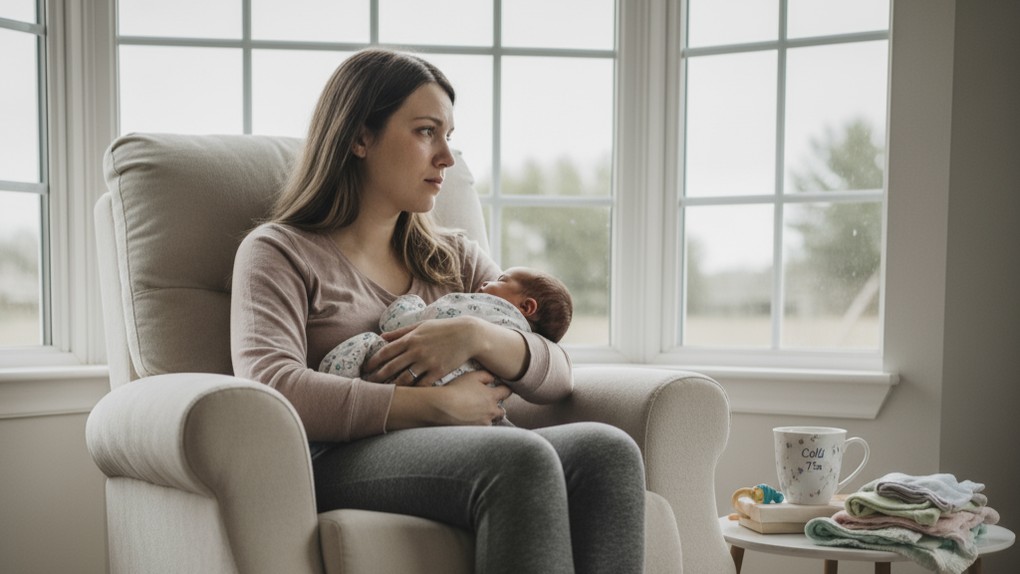 женщина переживает послеродовую депрессию с ребенком на руках