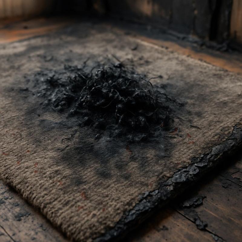 Ковровое покрытие, поврежденное после пожара, с видимыми следами сажи