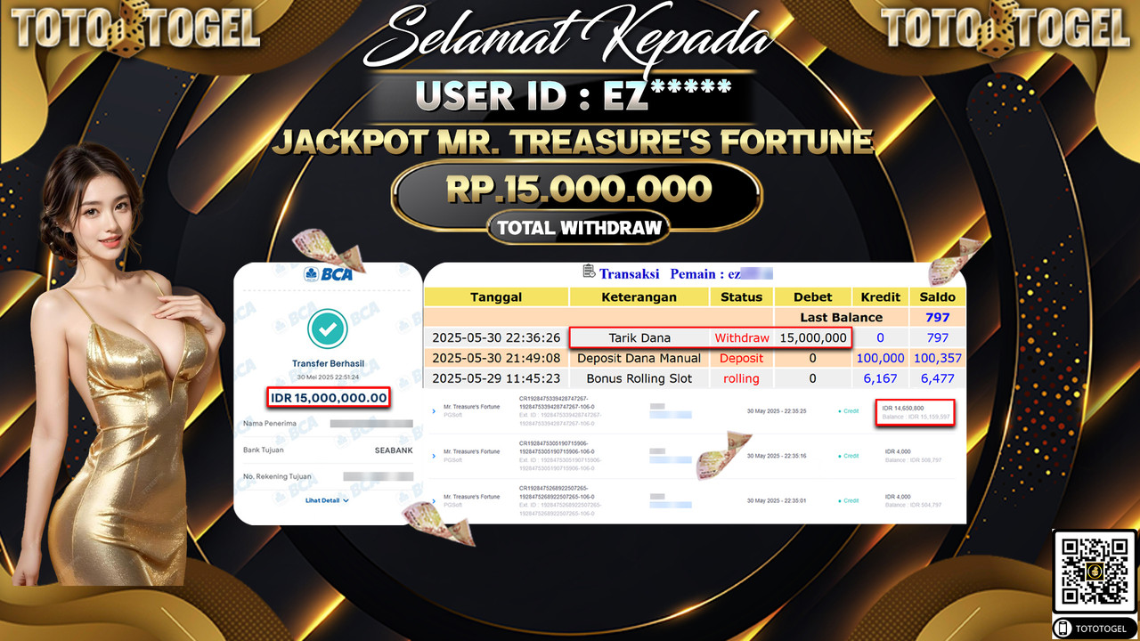 Bukti Pembayaran Jackpot Permainan Slot MR Treasures Fortune ID:EZ***** LUNAS