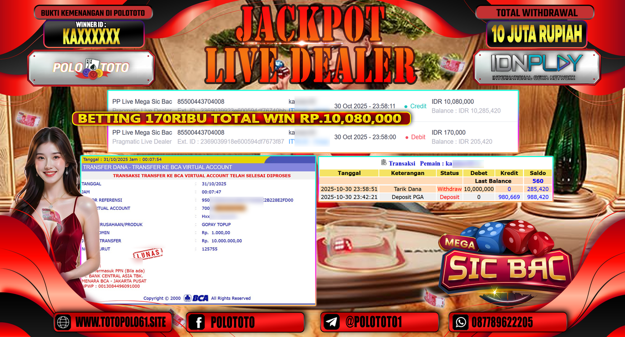 POLOTOTO JACKPOT LIVE DEALER PP LIVE MEGA SIC BAC Rp.10.000.000,- LUNAS