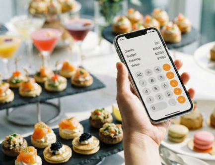 Mesa de buffet diversificada com vários tipos de comida, demonstrando a versatilidade da calculadora QuantIA para Eventos.