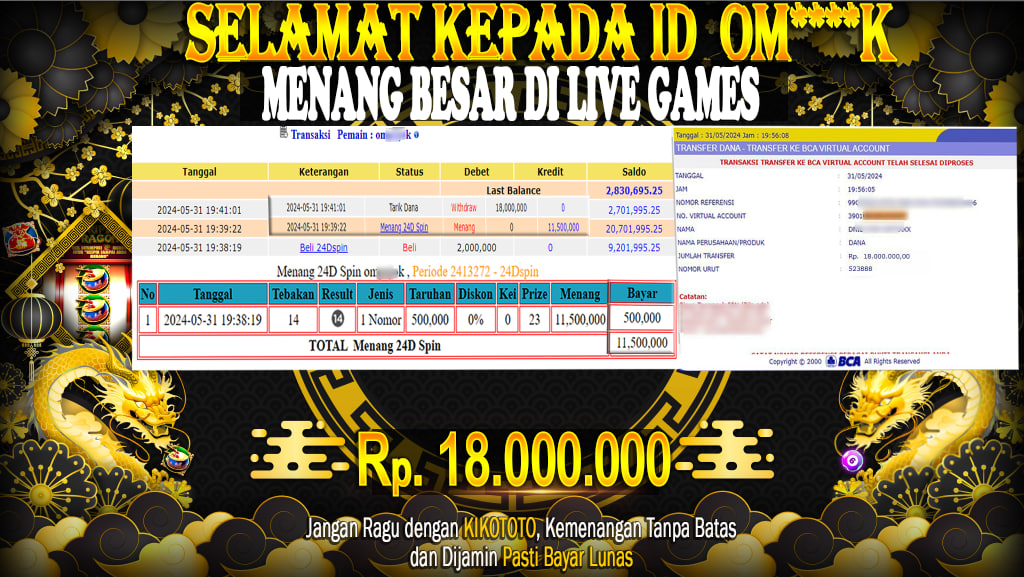 MENANG BESAR DI LIVE GAMES  SEBESAR Rp 18,000,000 LANGSUNG DAN TANPA BASA BASI DI BAYAR KIKOTOTO !!!