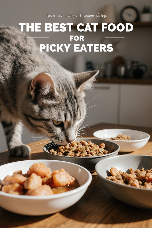 ultra realistic premium pet food photography for a pinterest cover about picky cats a clean modern k