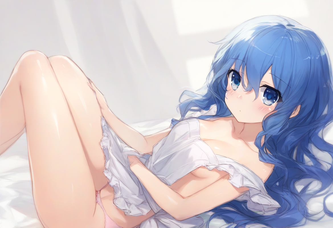 1girl, yoshino (date a live), nearly naked apron, underwear, blue hair, blue eye s-2514839167