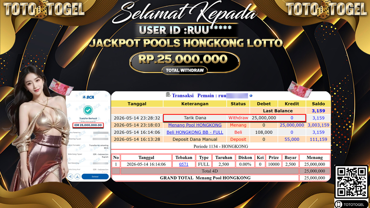 Bukti Pembayaran Jackpot Permainan Togel Pools Hongkong Lotto ID:RUU***** LUNAS