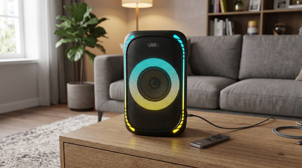 Bocina portátil JVC con luces LED y diseño resistente