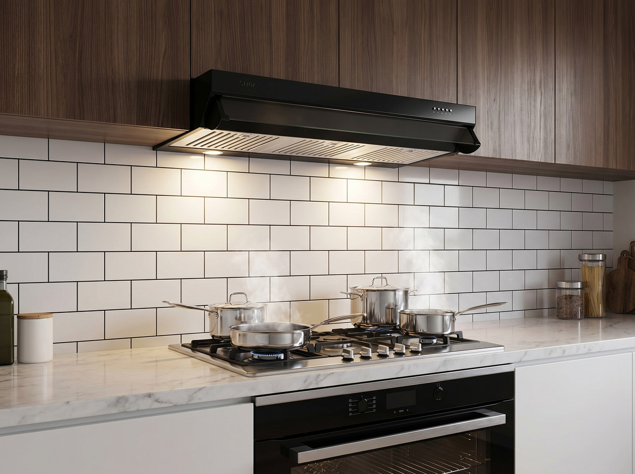 Extractor de grasa Drija Compacta 90 Black de 36 pulgadas con perfil delgado instalado de forma empotrada en una cocina contemporánea
