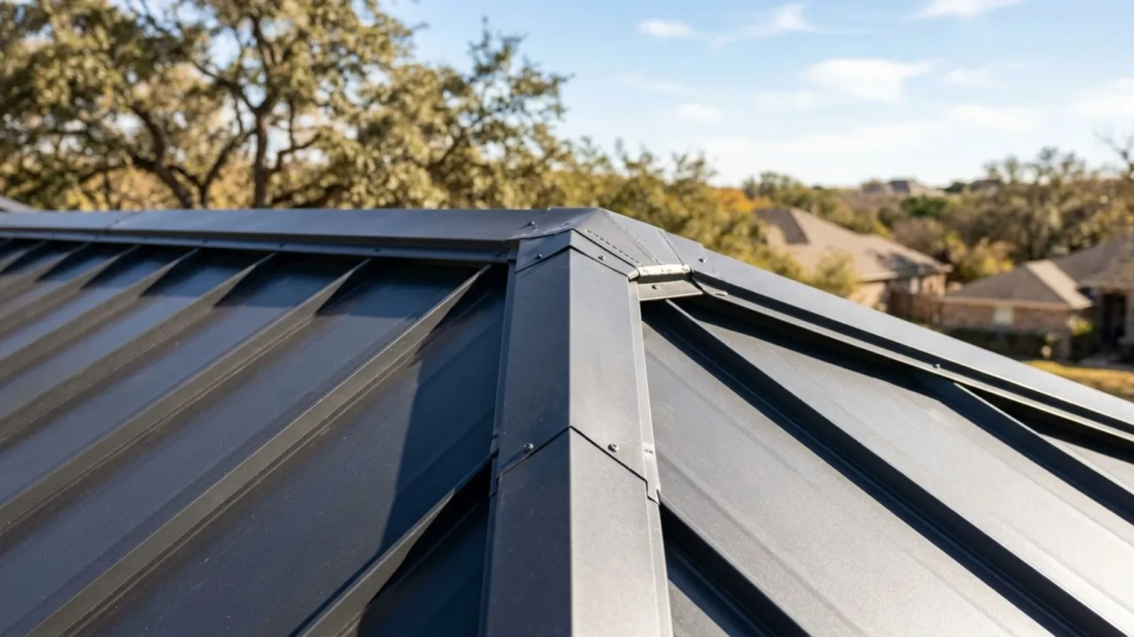 Aluminum roof close-up showing standing seam panel joints and ridge cap San Antonio