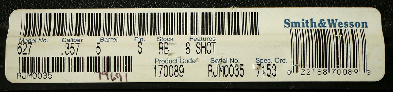 S&W Model 627PC box end label