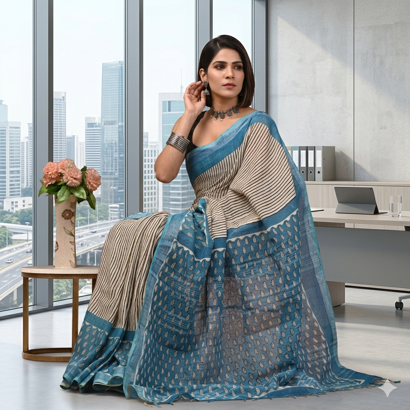 Qyaari Hand Block Printed Linen Saree for Women | Soft & Breathable Fabric | Elegant Ethnic Wear | With Blouse