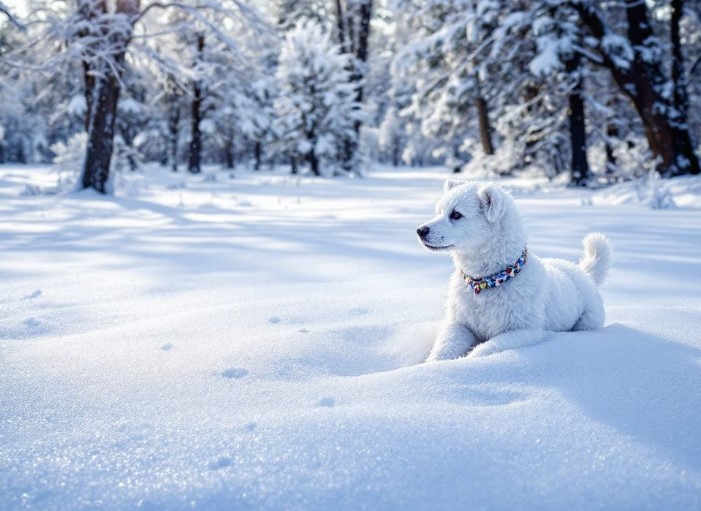 Белый снег и собака