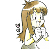 art of a girl grinning widely, hands clenched in front of her excitedly as cartoon hearts float nearby