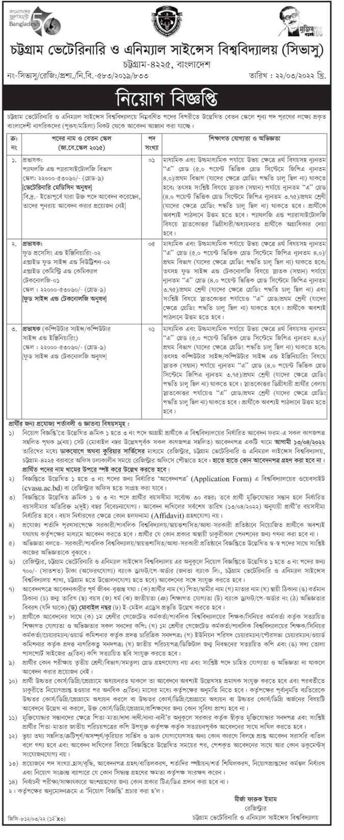 চট্টগ্রাম ভেটেরিনারি ও অ্যানিমেল সায়েন্সেস বিশ্ববিদ্যালয় নিয়োগ বিজ্ঞপ্তি ২০২২