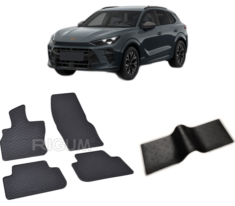 Set covorase auto CUPRA TERRAMAR din 09.2024-PREZENT, cu covoras tunel median, CAROSERIE SUV, Presuri cauciuc 100%, compatibil cu autoturismul CUPRA TERRAMAR, Rigum