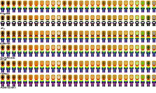 a row of people with pride flag shirts and golden blond hair