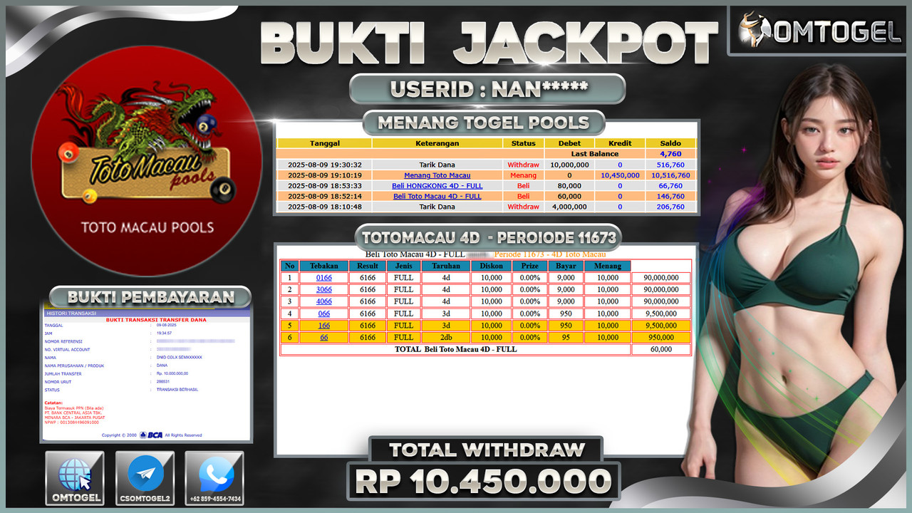 OMTOGEL JACKPOT TOTO MACAU 3D 2D 10 JUTA DI BAYAR LUNAS ,-