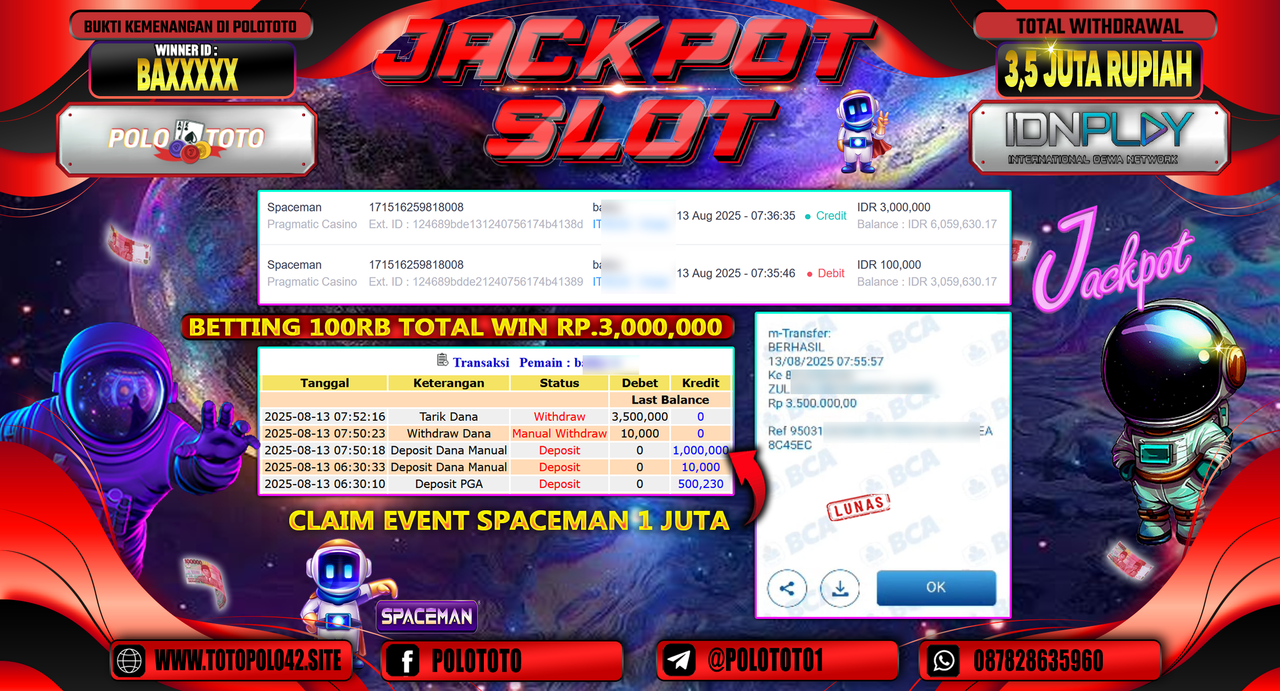 POLOTOTO JACKPOT SLOT SPACEMAN Rp.3.500.000,-LUNAS