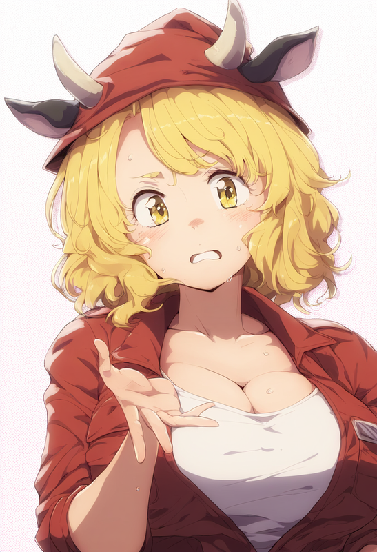 1girl, 1970s (style), polka dot background, portrait, cow ears, cow horns, yello s-2045823690