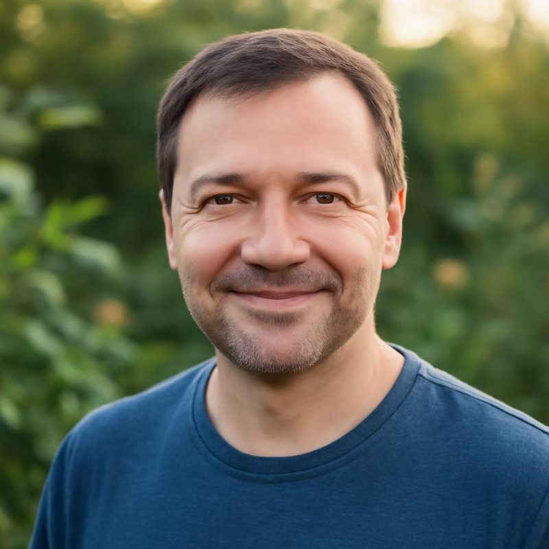 Дмитрий Соколов — портрет автора статьи, мужчина средних лет в саду с растениями, в casual одежде, улыбается на фоне зелени
