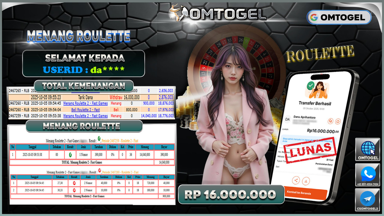 OMTOGEL JACKPOT LIVE GAMES ROULETTE 16 JUTA DI BAYAR LUNAS ,-