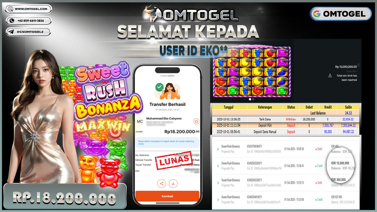OMTOGEL JACKPOT SWEET RUSH BONANZA 18 JUTA DI BAYAR LUNAS ,-