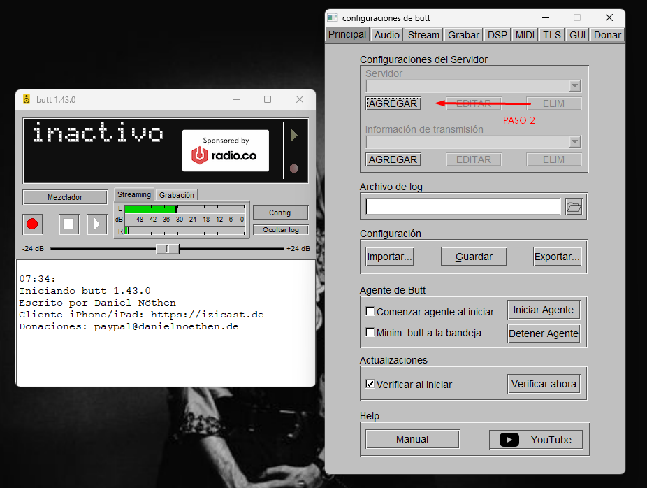 Ventana de configuraciones de BUTT mostrando el botón Agregar Servidor