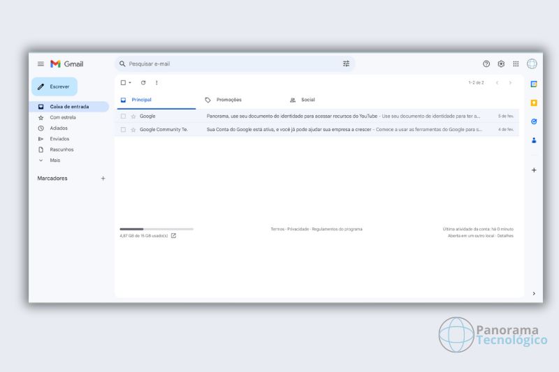 Página principal do webmail do Gmail mostrando as pastas Caixa de Entrada, Enviados e Rascunhos. Ao centro as duas primeiras mensagens enviadas pelo sistema após a criação de uma nova conta.