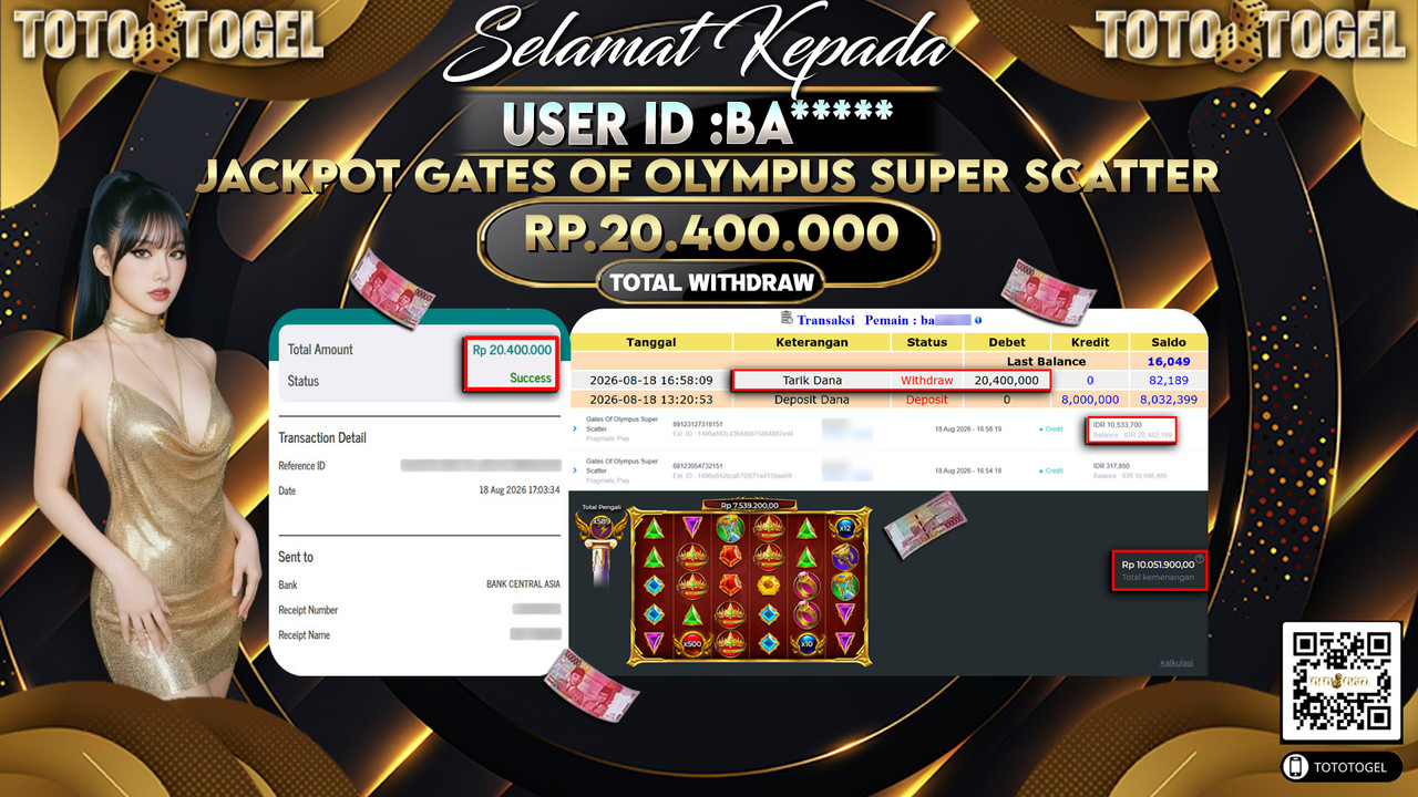 Bukti Pembayaran Jackpot Slot Gates Of Olympus Super Scatter ID:BA*****LUNAS