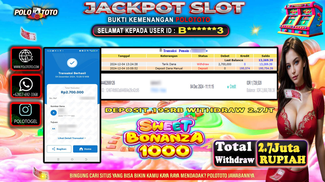 POLOTOTO JACKPOT SLOT SWEET BONANZA 1000 Rp.2,700.000,-