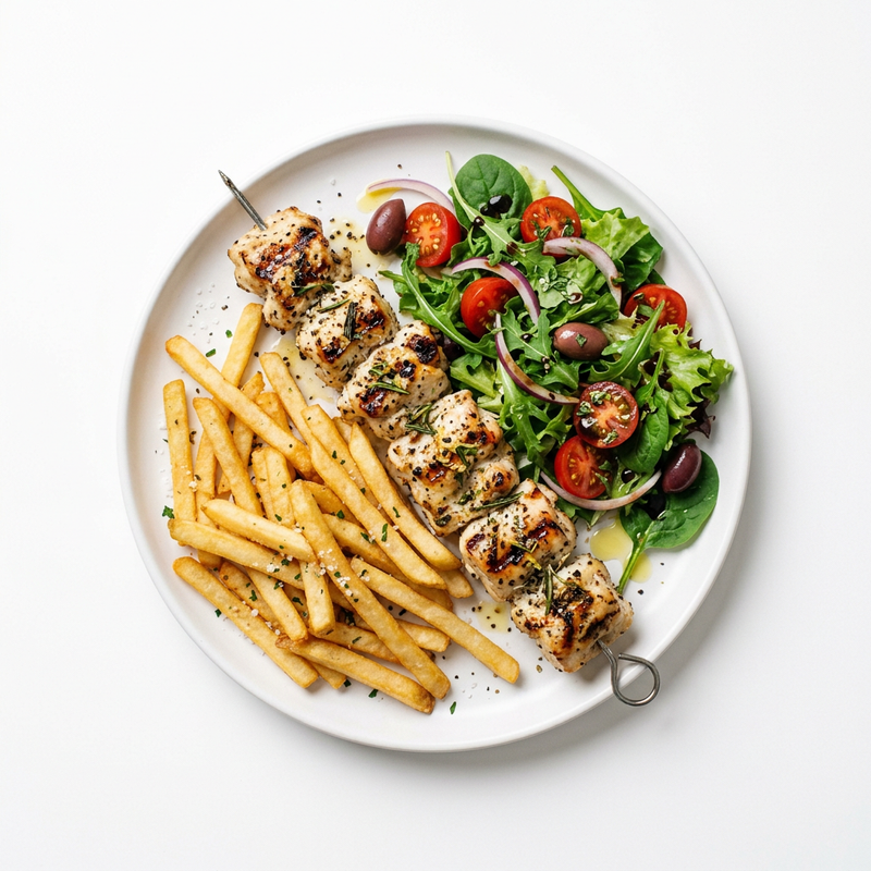 Pincho De Pollo Con Patatas Fritas Y Ensalada